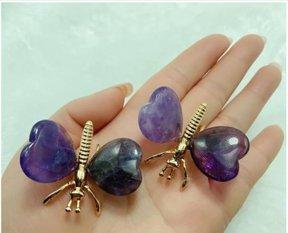 Natural Crystal Heart Stone Wings Silver Butterfly Energy Animal Ornament  Gift