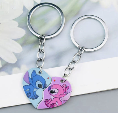 2 Couples Angel & Stitch Lilo Keyrings Love heart Gift Girlfriend Christmas