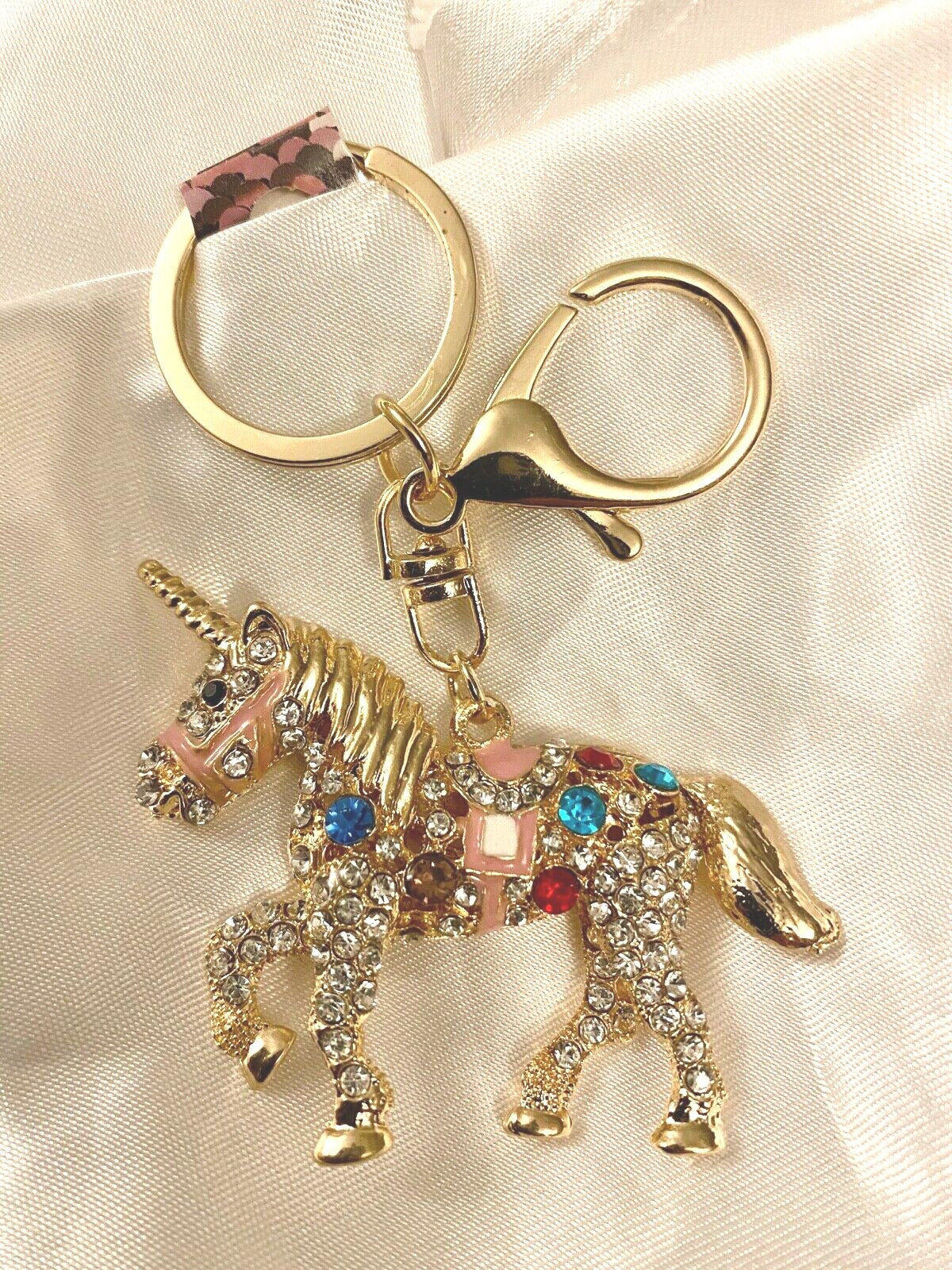 Carousel unicorn horse crystal keyring red black pink diamanté Gift charm bag