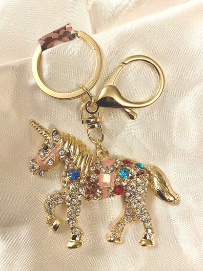 Carousel unicorn horse crystal keyring red black pink diamanté Gift charm bag