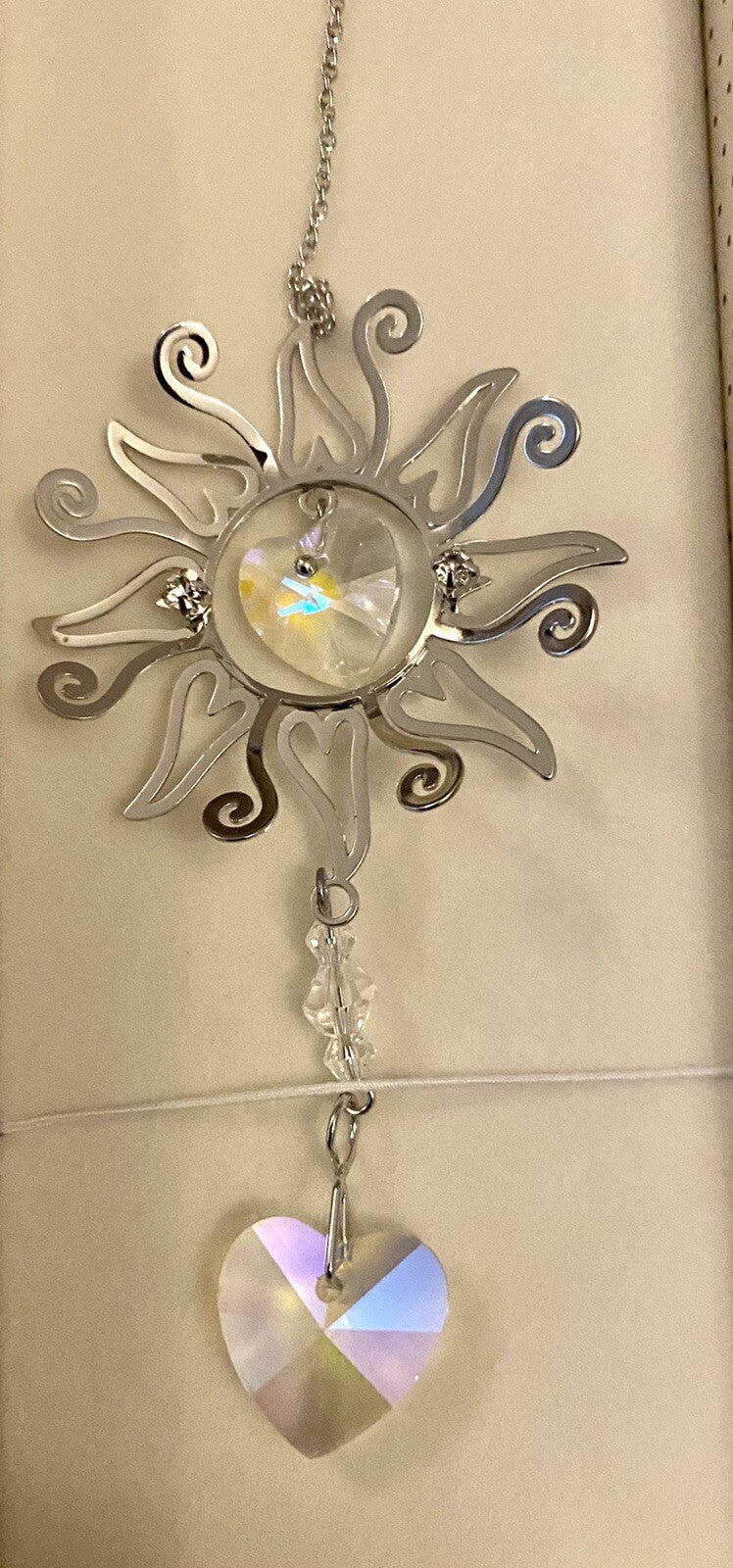 3D Garden Sun burst Sun catcher window hanging Silver crystal glass Gift box
