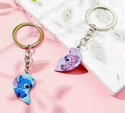 2 Couples Angel & Stitch Lilo Keyrings Love heart Gift Girlfriend Christmas