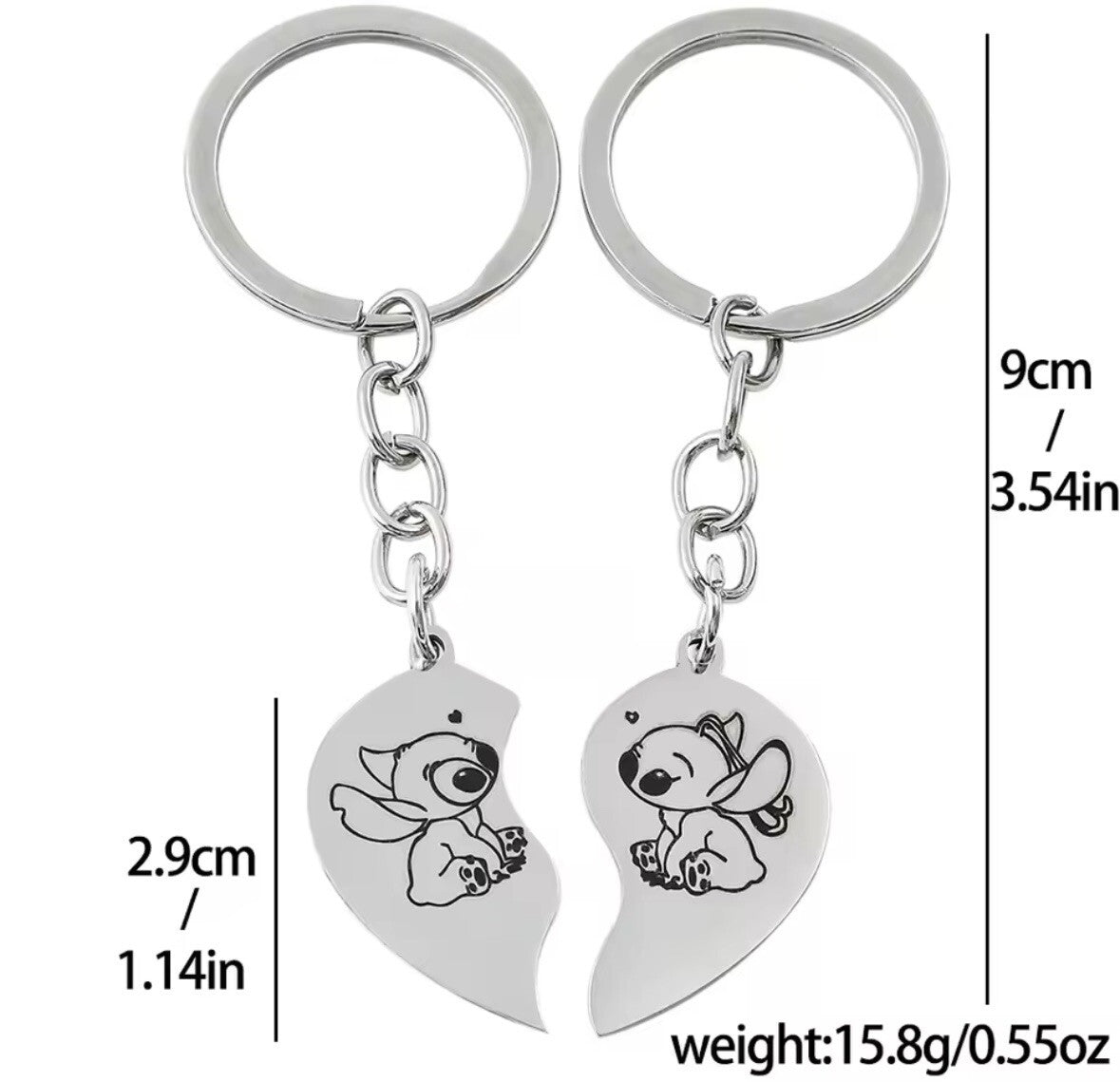 2 Valentine’s Couples Angel & Stitch Lilo Keyrings Love heart Gift Girlfriend