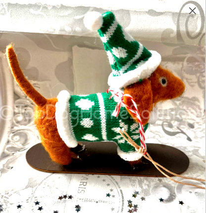 Christmas Sausage Dog Felt Dachshund Tree HangIng Green Jumper Coat Decoration