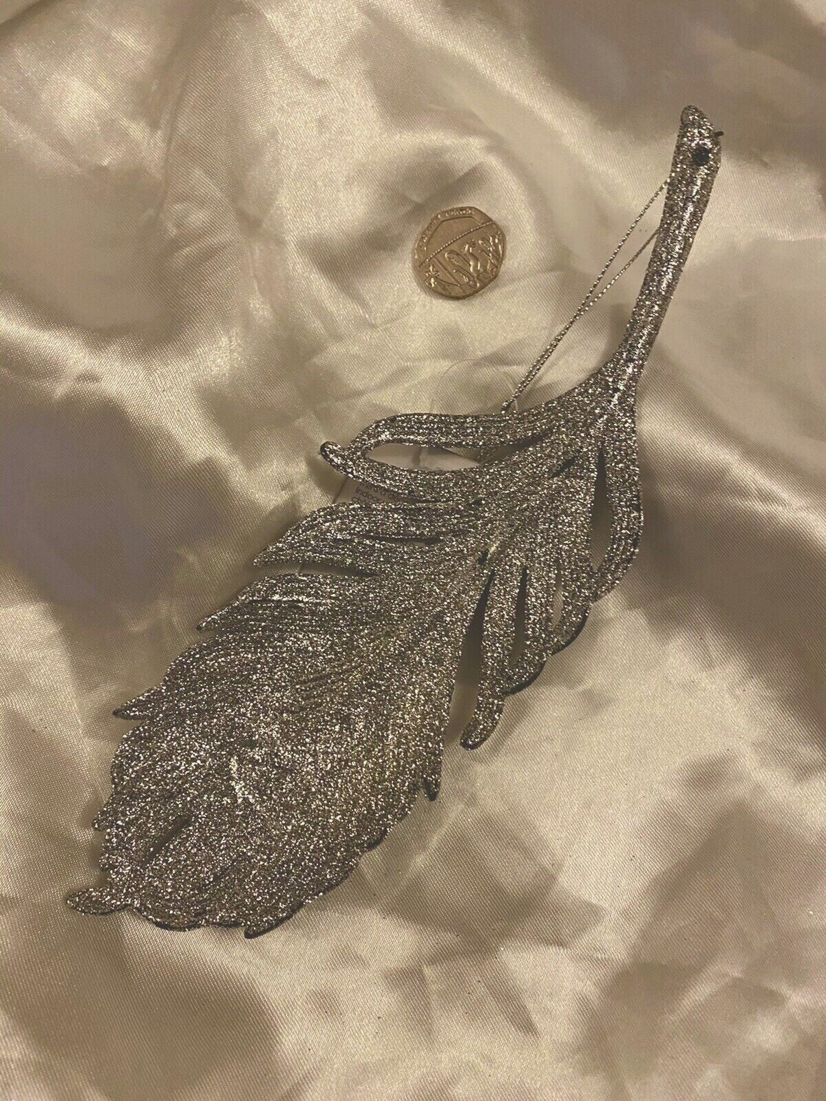 3 x Feather Tree Hanging Silver Glitter Baubles Decoration 21cm Xmas