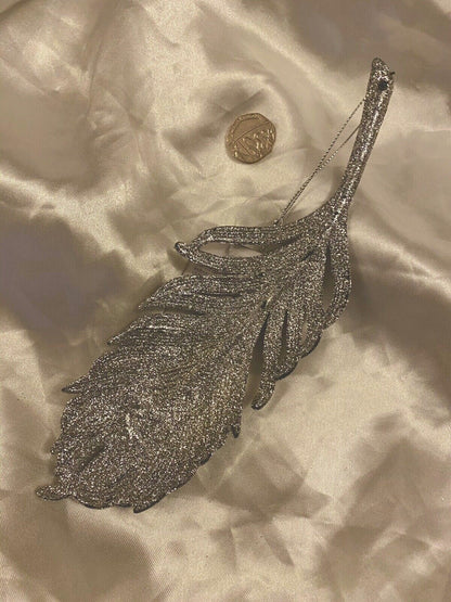 3 x Feather Tree Hanging Silver Glitter Baubles Decoration 21cm Xmas