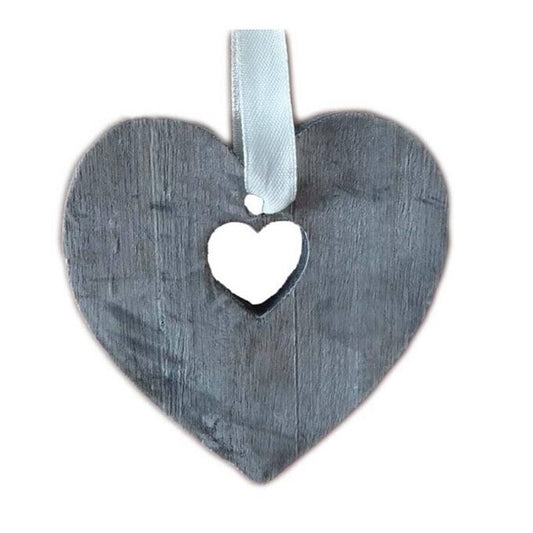 valentines 2x Rustic wooden hanging Ribbon grey hearts Decoration Home 8cm