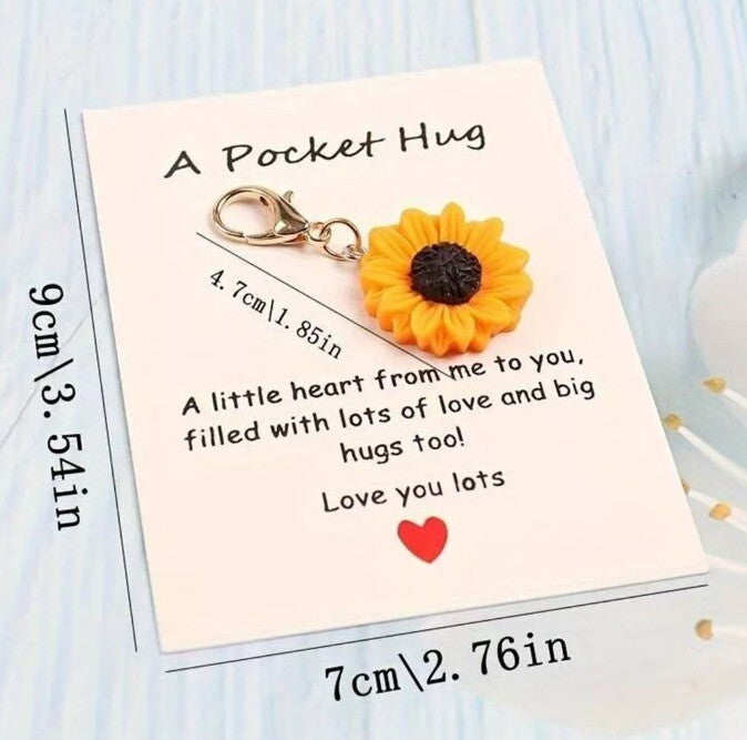 Sunflower Keyring Charm Bag Flower with Love Hug Card Stitch Marker Gift.