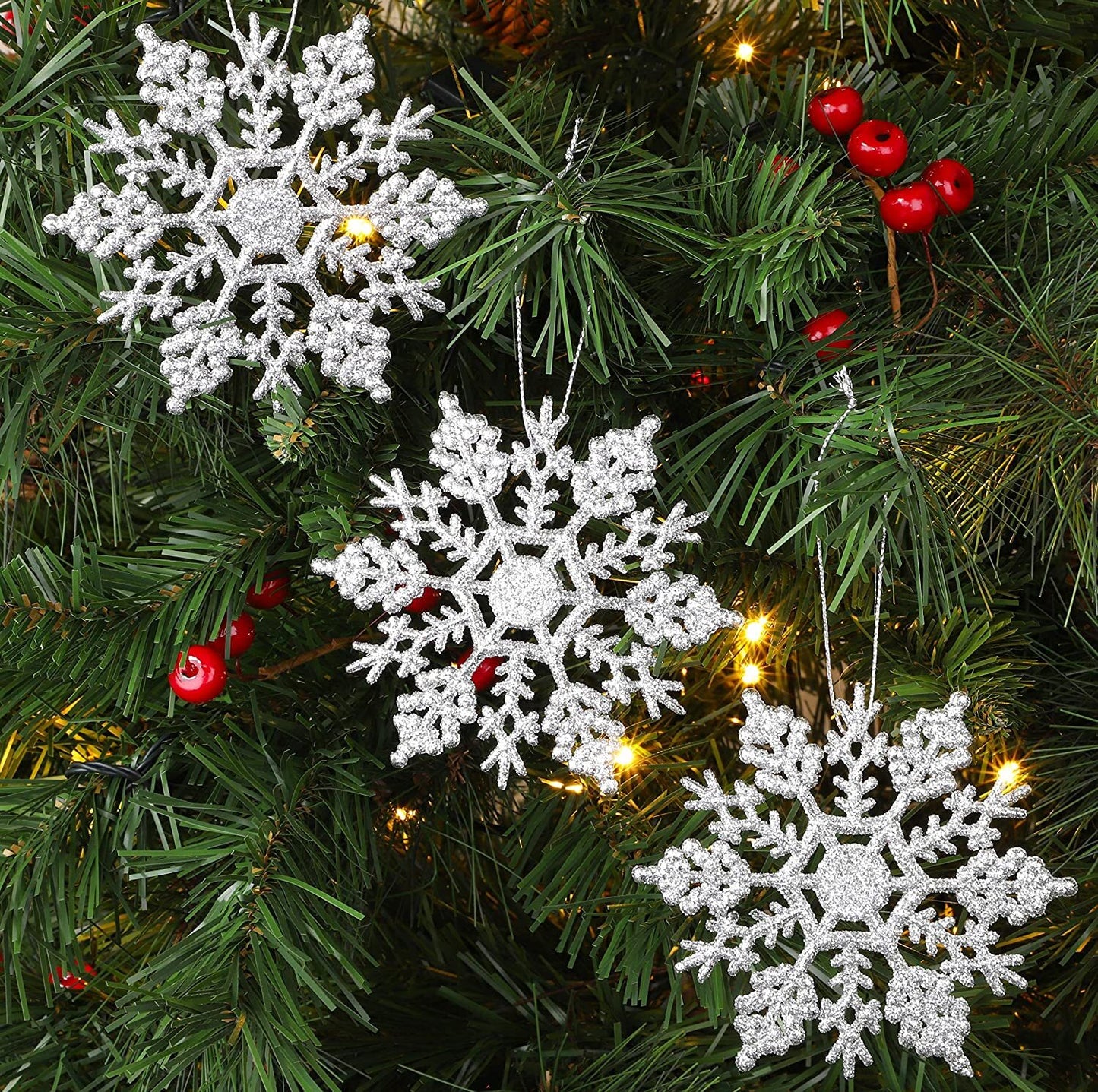 Silver Christmas 6 Pack Glitter Snowflakes Hanging Tree Decorations Frozen Pack