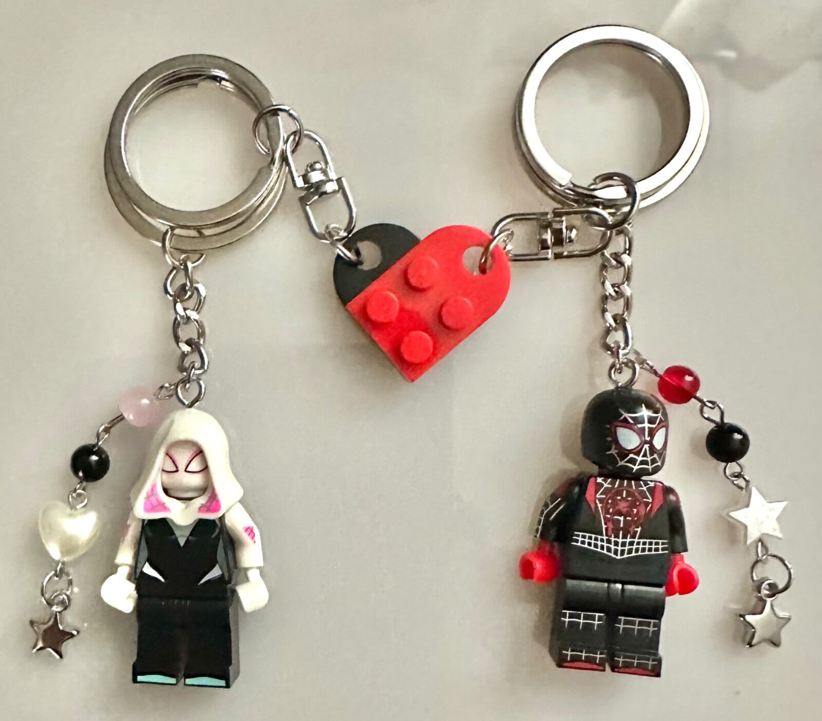 Spider-man & Gwen Couples matching Valentines Keyrings Car keys Gift Mini Bricks