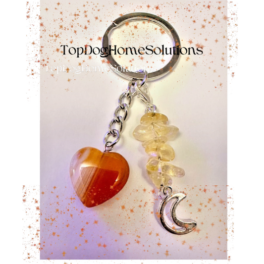 Crystal Agate Brown Heart Pendant Key Ring Healing Stone Chakra Car Key Gift Bag