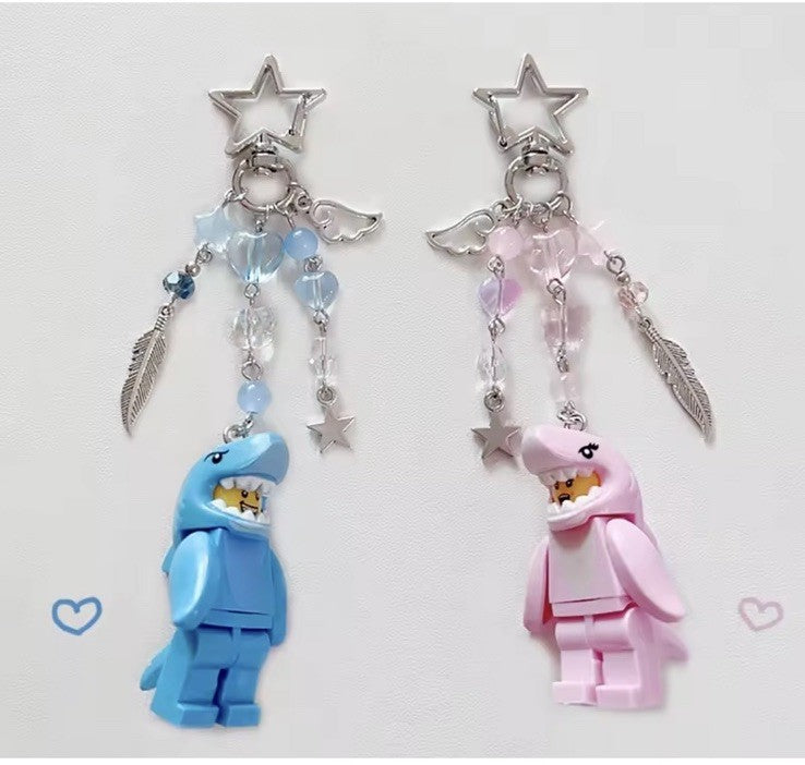 Couples matching Keyring Bag Charm Beads Blue Pink Shark suit Man Girl Car keys
