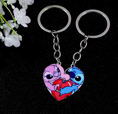 2 Valentine’s Couples Angel & Stitch Lilo Keyrings Love heart Gift Girlfriend