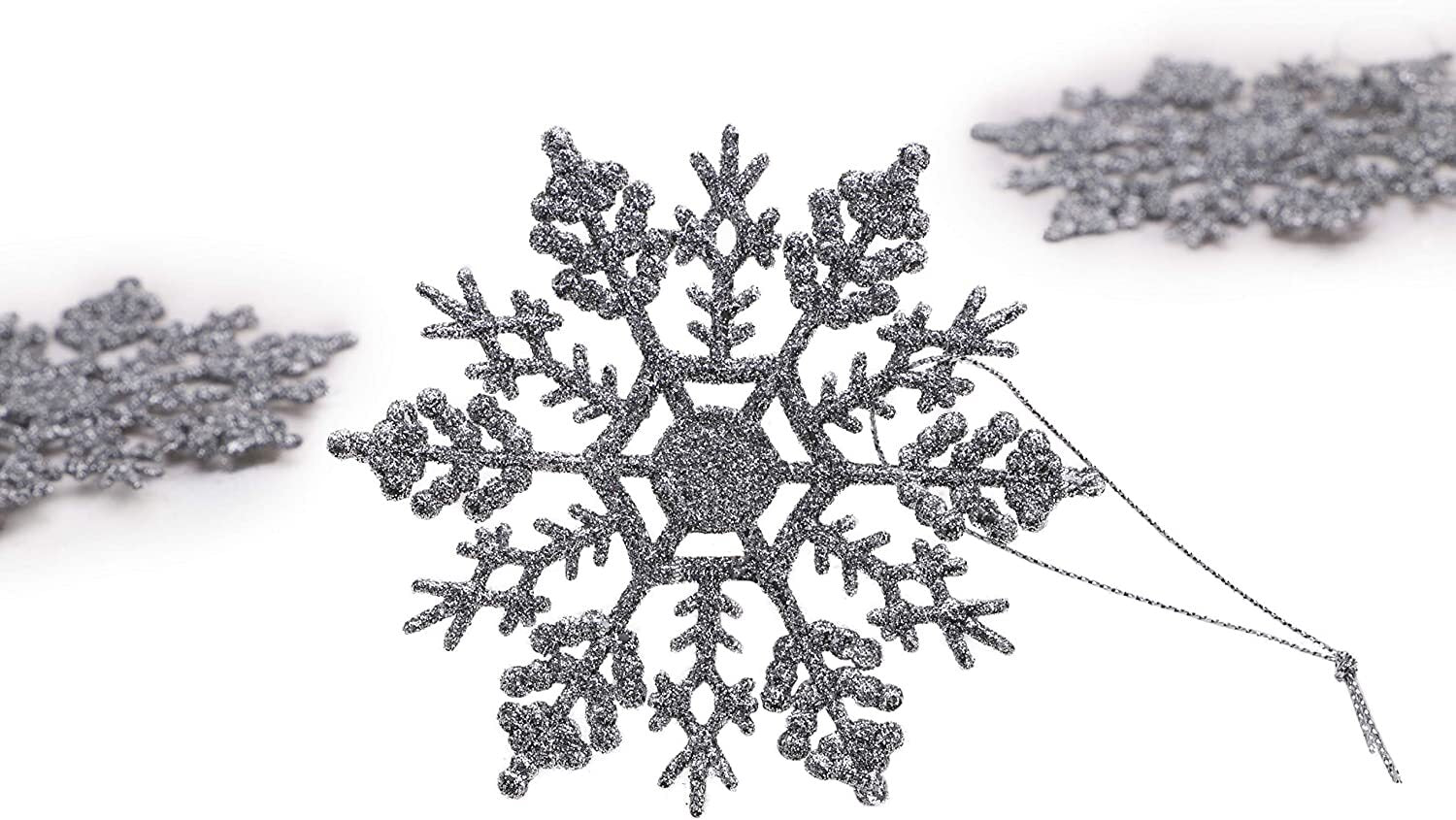 Snowflakes Silver Christmas 12 Pack Glitter Hanging Tree Decorations Frozen Pack