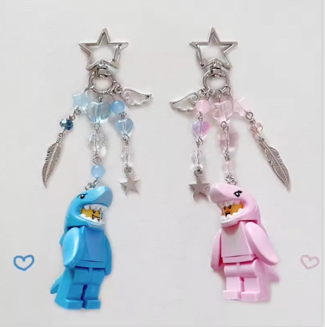 Couples matching Keyring Bag Charm Beads Blue Pink Shark suit Man Girl Car keys