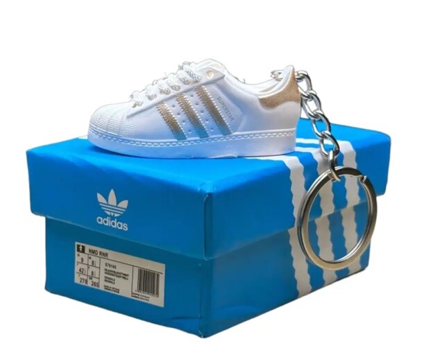 1 ADIDAS Mini 3D Trainer Sneaker Superstars Black White Keyring Inc + Shoe Box