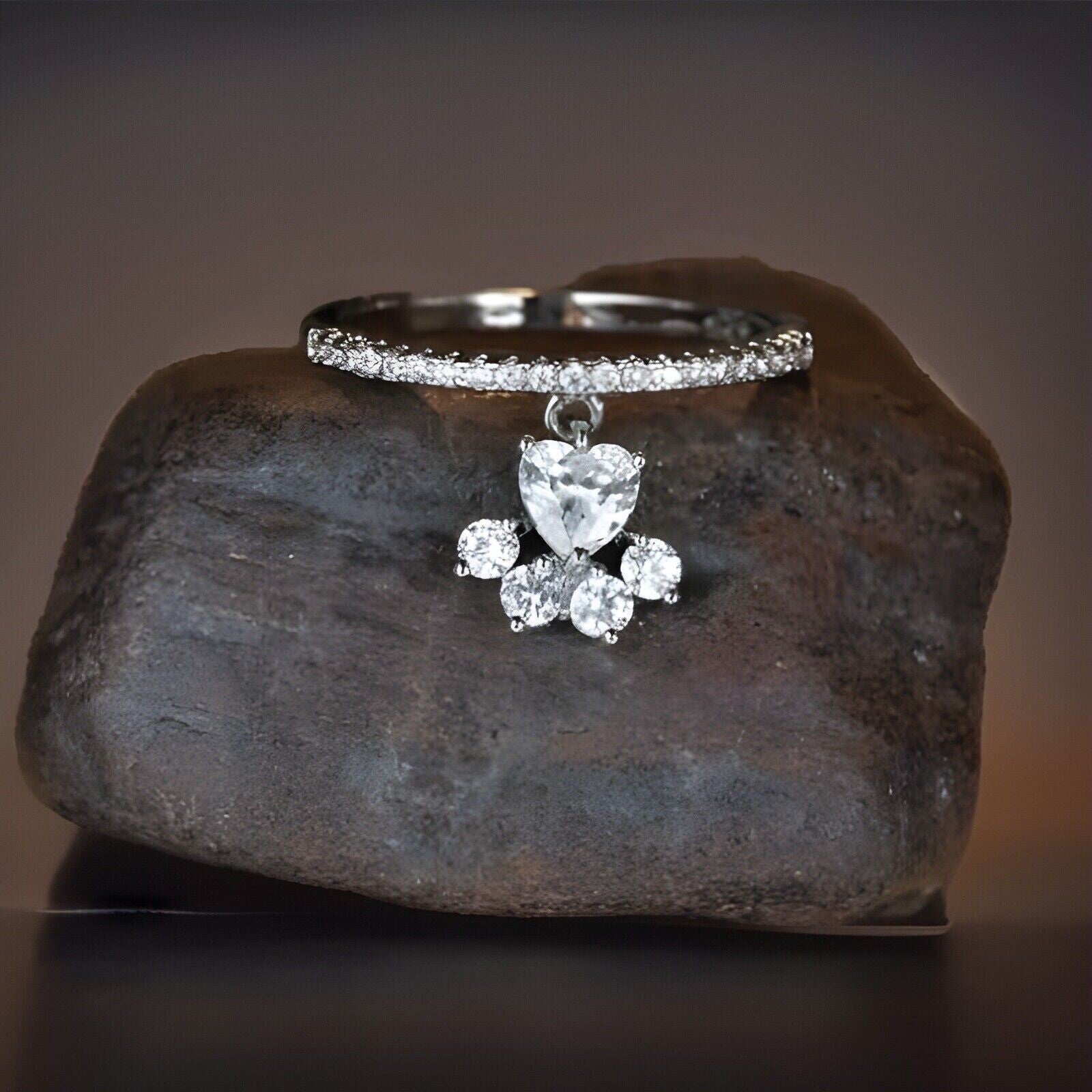Silver Ring Diamanté Paw Print Dog Cat Charm Crystal Silver Plate Drop Dangle T