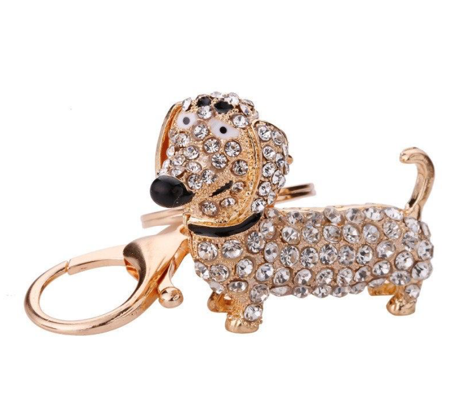 Silver black gold Dachshund Sausage Dog Keyring Keychain bag charm bling crystal