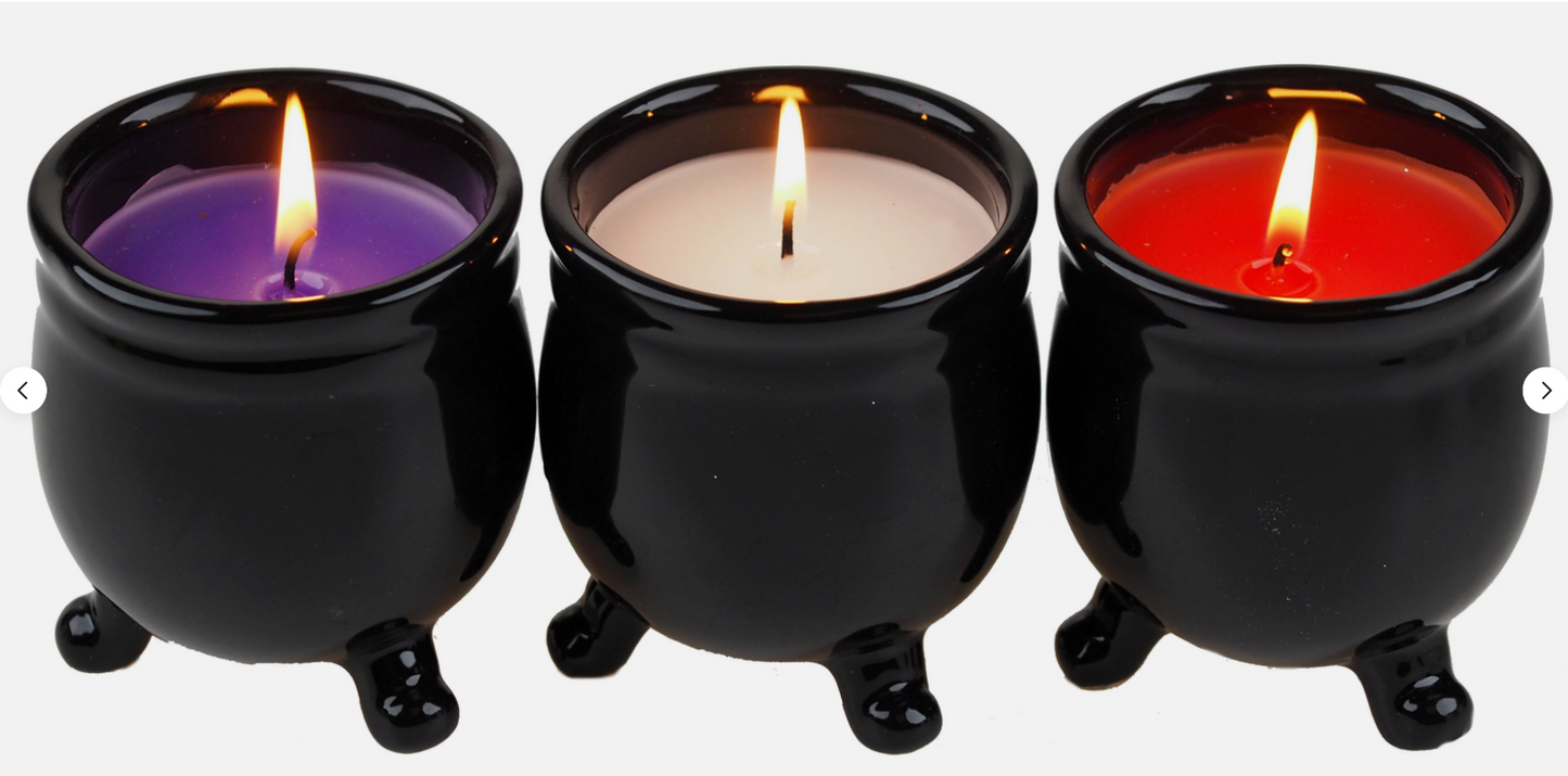Halloween Cauldron Candle Set 3 Vanilla Ceramic Black Holder Purple White Spells