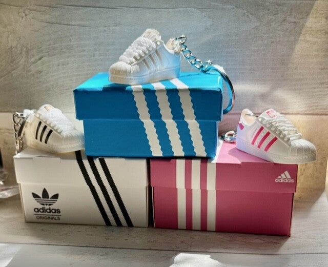1 ADIDAS Mini 3D Trainer Sneaker Superstars Black White Keyring Inc + Shoe Box