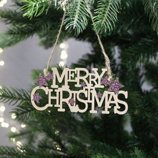 Hanging Merry Christmas Sign Sparkly Pink Star Wooden Rustic Decoration Xmas