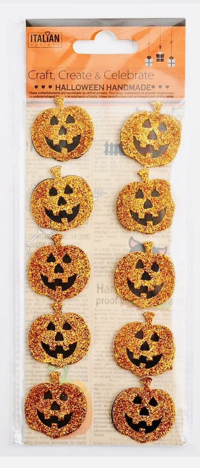 Halloween Glitter Stickers Pumpkin Orange Embellishments Craft Cards Kids