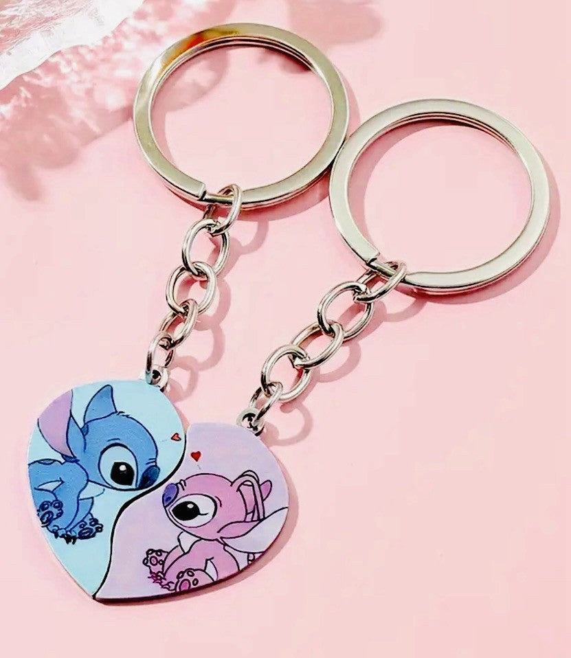 2 Couples Angel & Stitch Lilo Keyrings Love heart Gift Girlfriend Christmas