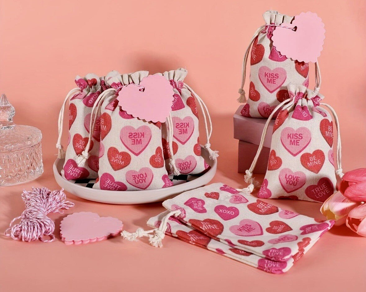 Love Heart Valentine's Drawstring Gift Treat Sweets Bags & Tag Canvas Reusable