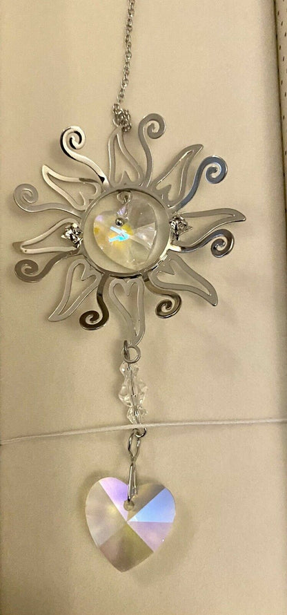 3D Garden Sun burst Sun catcher window hanging Silver crystal glass Gift box