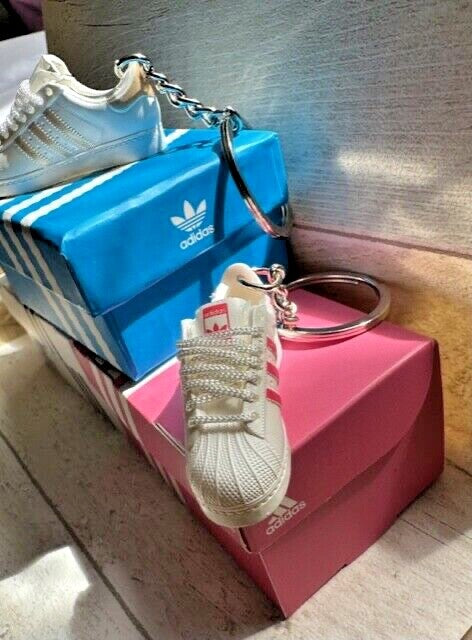 1 ADIDAS Mini 3D Trainer Sneaker Superstars Black White Keyring Inc + Shoe Box