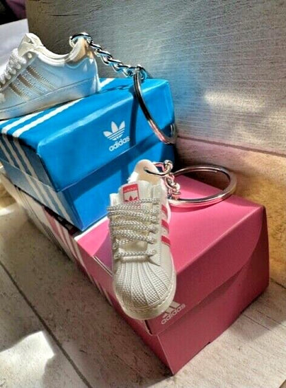 1 ADIDAS Mini 3D Trainer Sneaker Superstars Black White Keyring Inc + Shoe Box