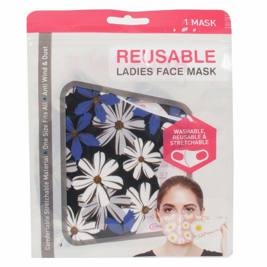 Ladies washable soft face mask flower daisy white navy Fabric Covering reusable 