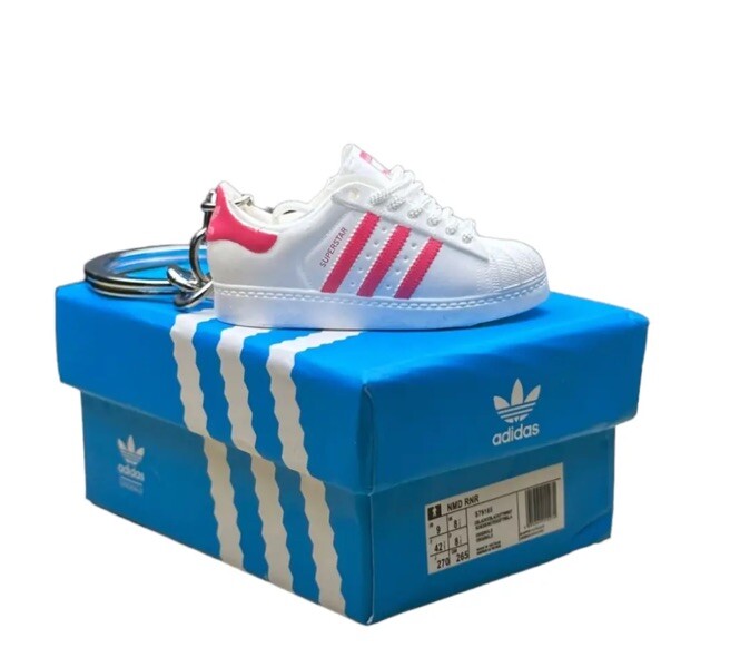 1 ADIDAS Mini 3D Trainer Sneaker Superstars Black White Keyring Inc + Shoe Box