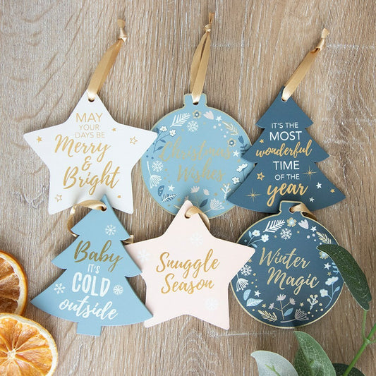 Christmas sign hanging baubles tree star Pink Blue decorations white