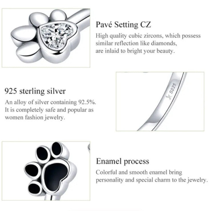 Dog Cat Ring Paw 925 Silver Footprint Rhinestone Adjustable Animal Crystal Gift