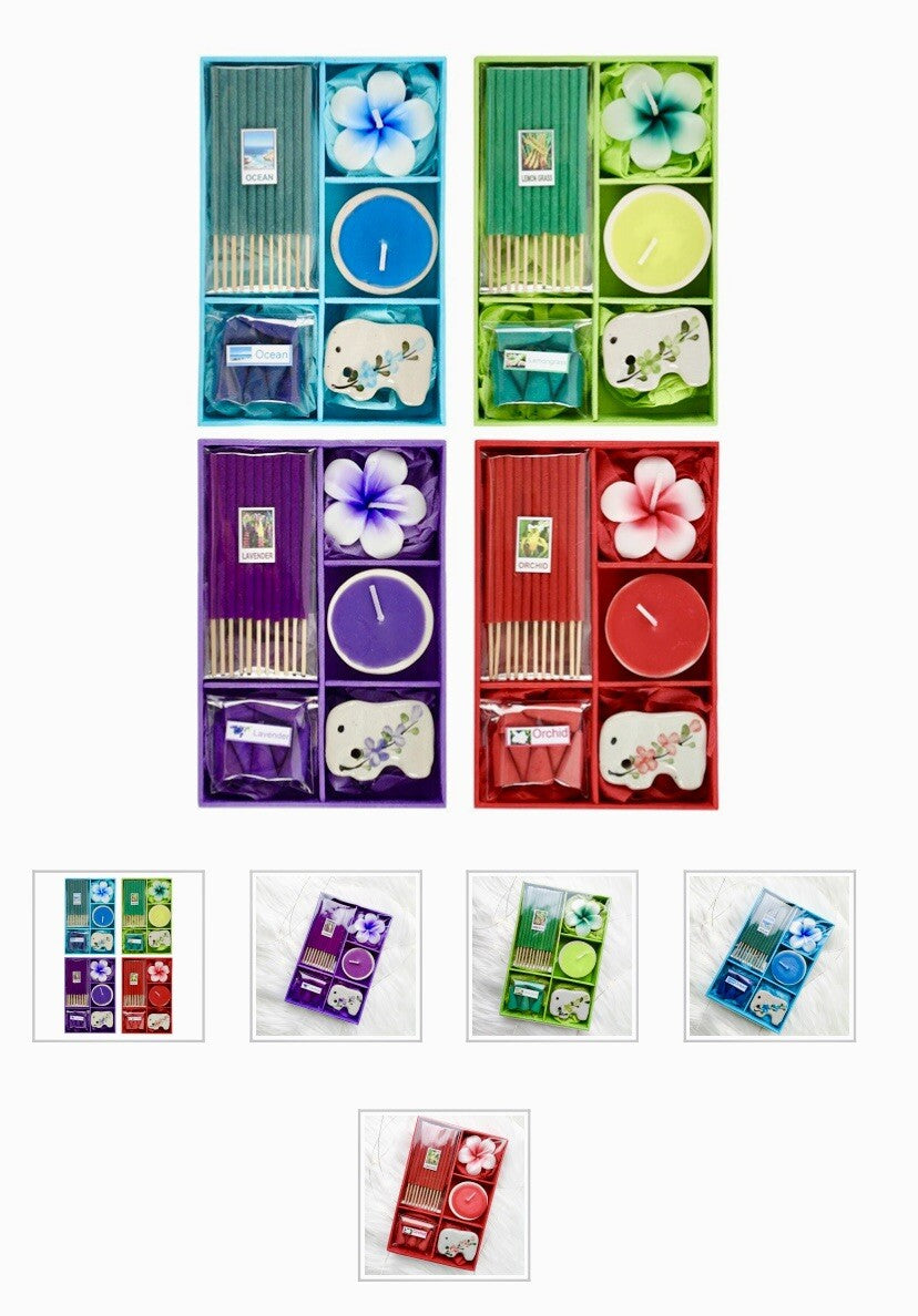 Elephant Incense Cones Sticks & Candle Gift Sets Pink Purple Green Blue Meditate