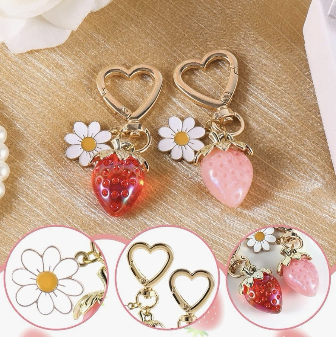 Heart Pink Red Strawberry Daisy Keyring Keychain Christmas Gift Inc Gift Bag