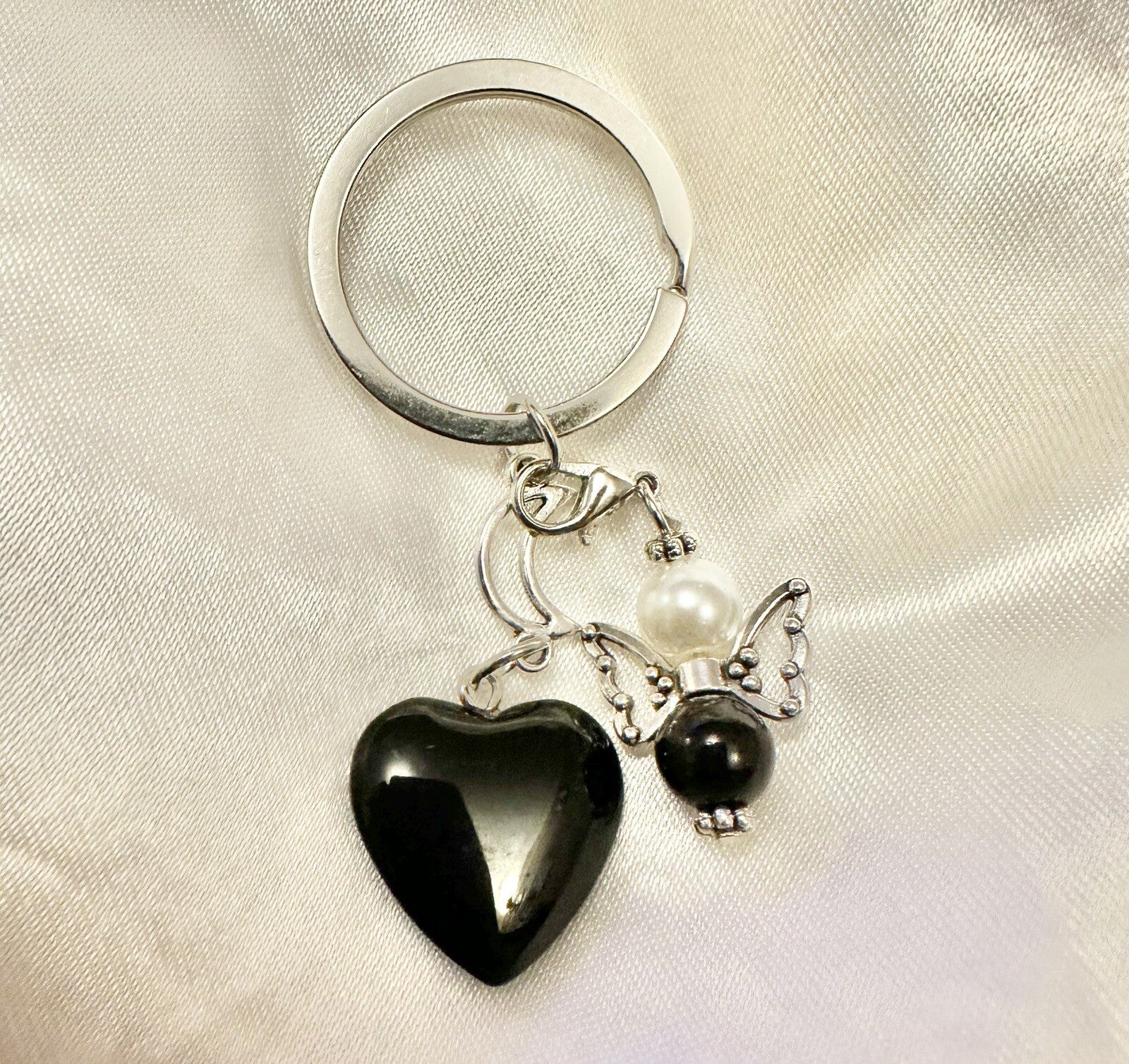 Heart Keyrings Crystals Couples Pair Best Friends Angels Black Onyx & White Jade