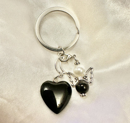 Heart Keyrings Crystals Couples Pair Best Friends Angels Black Onyx & White Jade