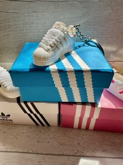 1 ADIDAS Mini 3D Trainer Sneaker Superstars Black White Keyring Inc + Shoe Box