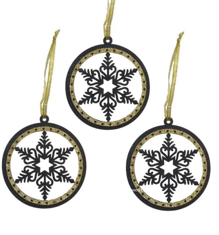 Christmas Tree Snowflake Decoration Wooden Rustic Hanging Hang Bauble Black X 3