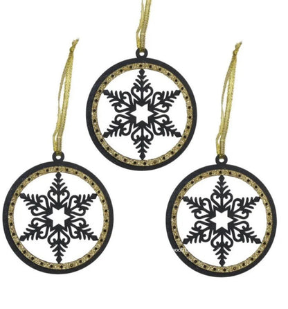 Christmas Tree Snowflake Decoration Wooden Rustic Hanging Hang Bauble Black X 3