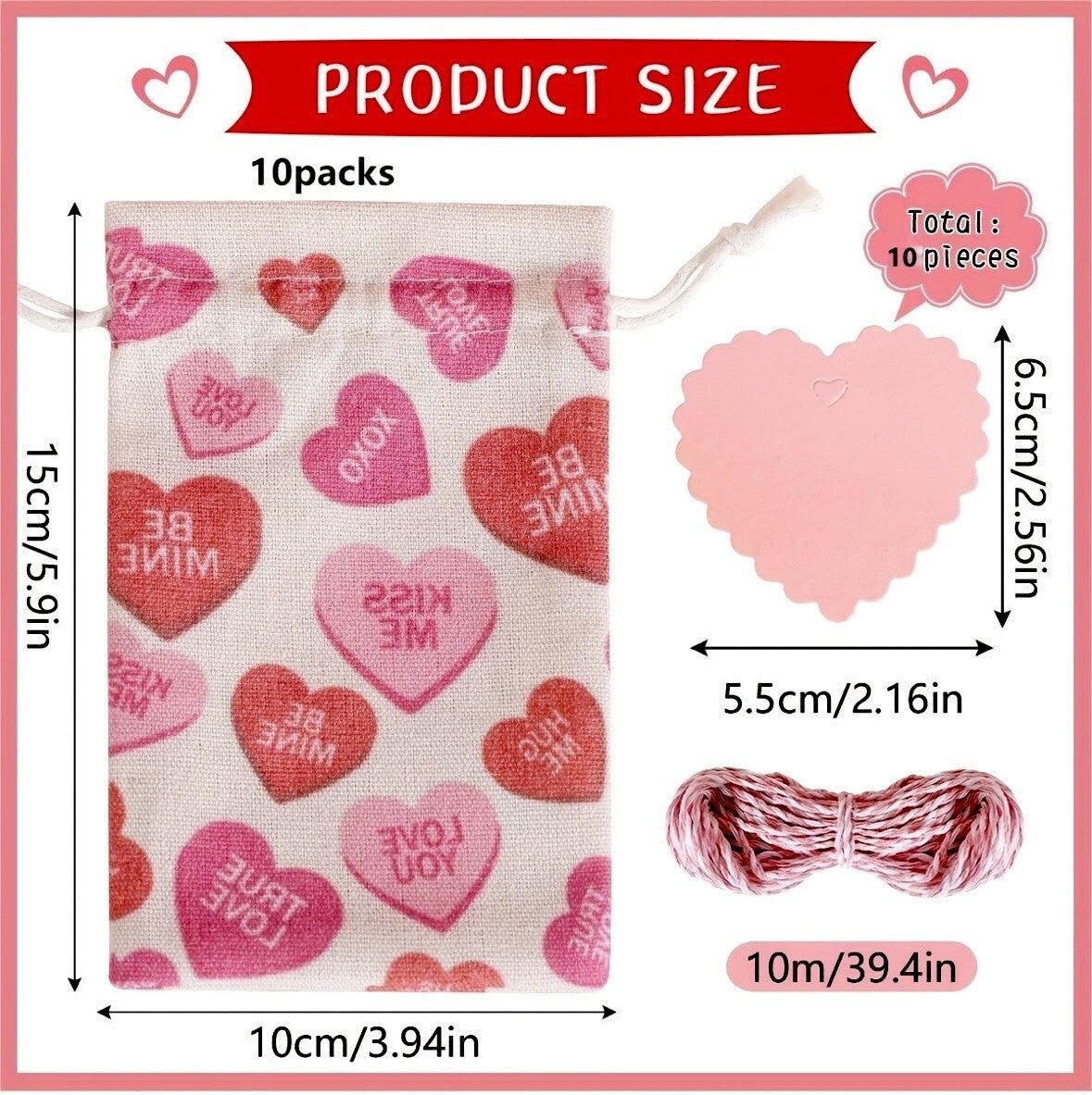 Love Heart Valentine's Drawstring Gift Treat Sweets Bags & Tag Canvas Reusable