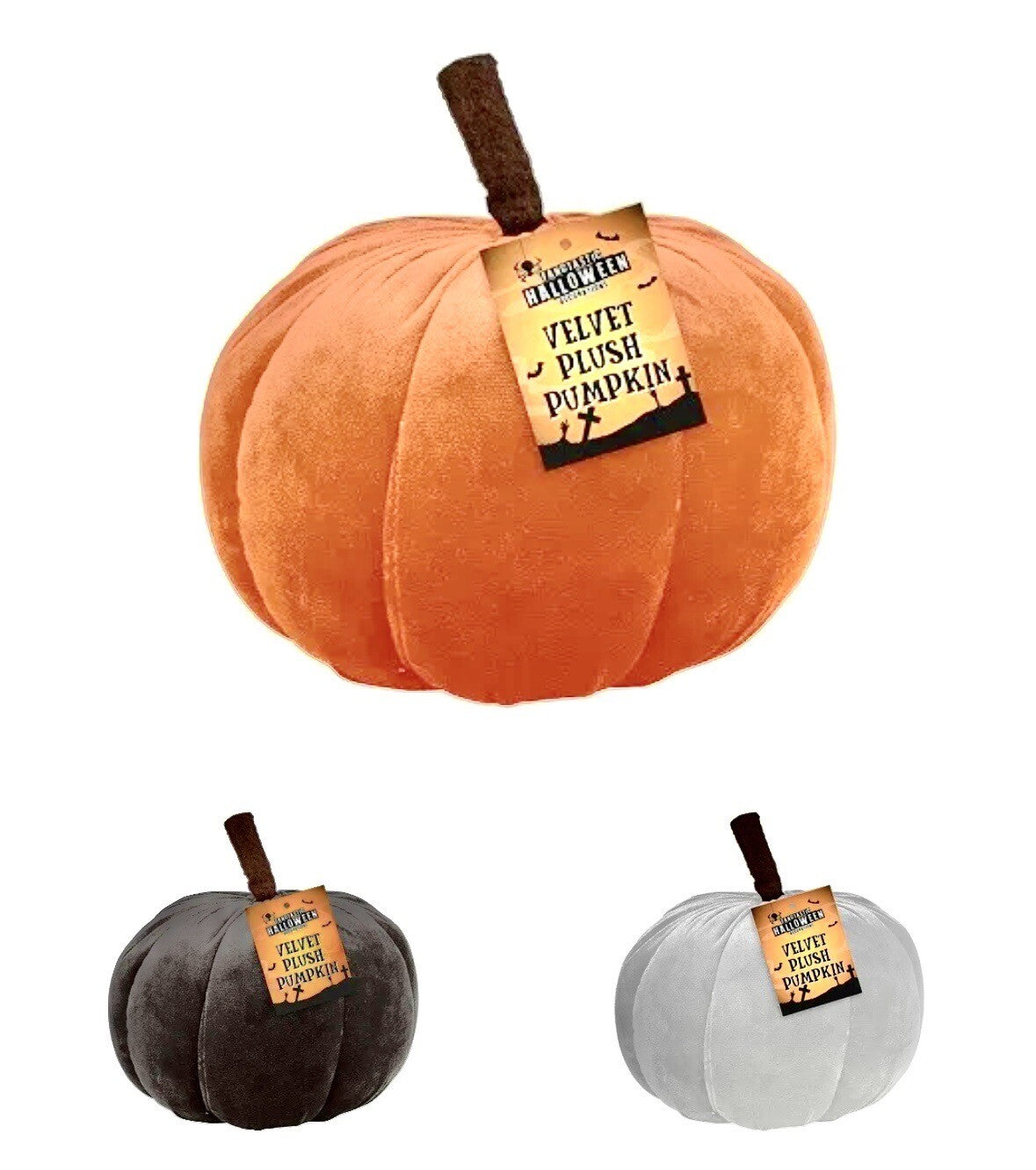 Halloween Pumpkin Cushion 3D x 3 Plush Velvet White Orange Black Decoration 16cm
