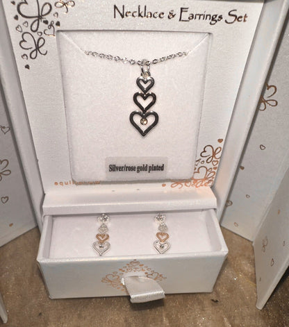 Ladies Valentines Necklace Earrings Jewellery Box Gift Set Silver Rose Gold