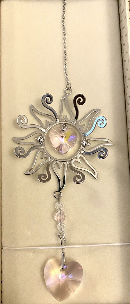 3D Garden Sun burst Sun catcher window hanging Silver crystal glass Gift box