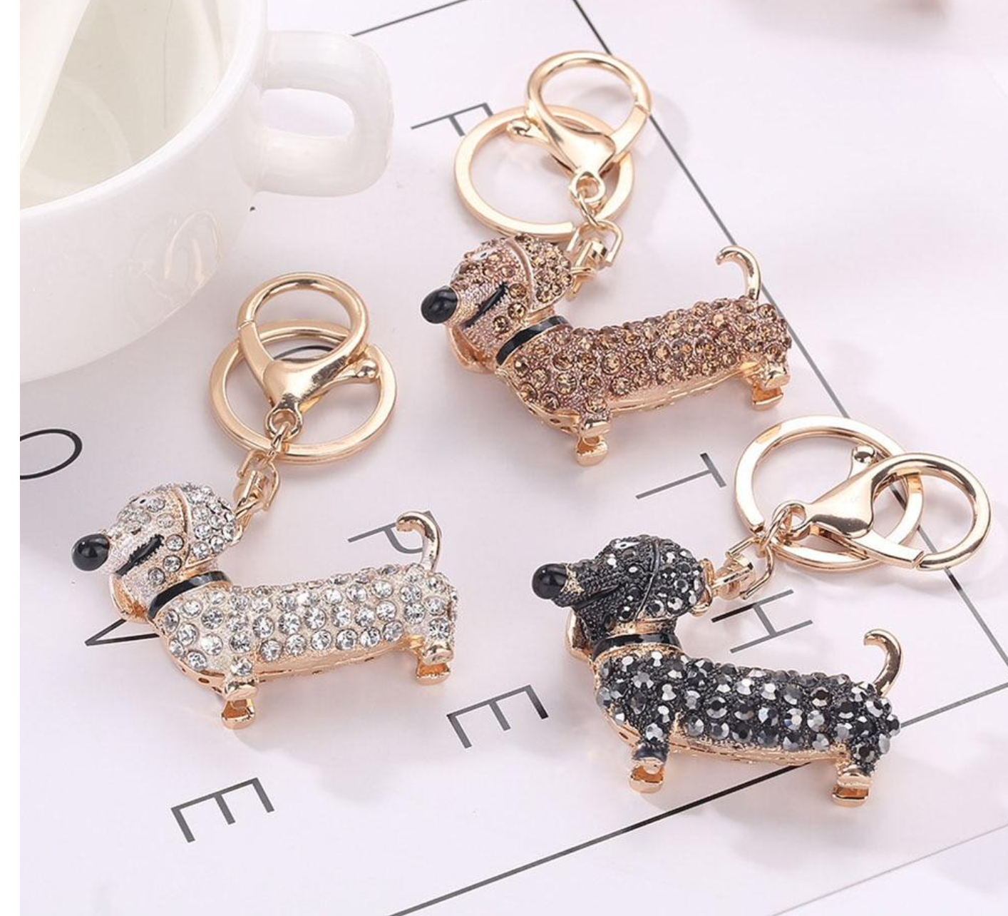 Silver black gold Dachshund Sausage Dog Keyring Keychain bag charm bling crystal