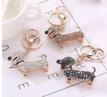 Silver black gold Dachshund Sausage Dog Keyring Keychain bag charm bling crystal