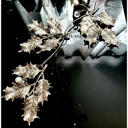 Light Gold Hanging Holly Decoration Christmas 28cm xmas Pearl & Crystal Droplets