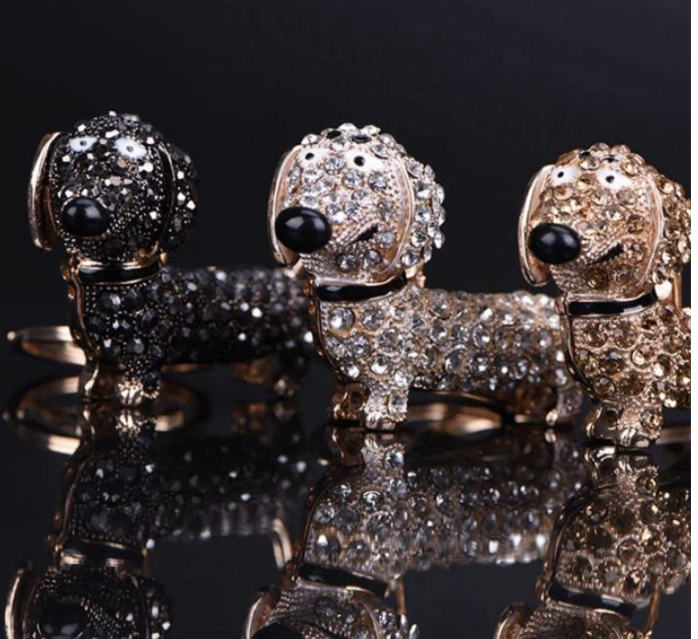 Silver black gold Dachshund Sausage Dog Keyring Keychain bag charm bling crystal